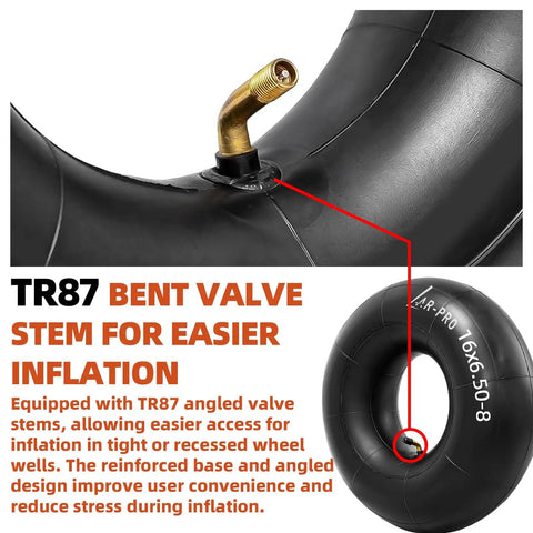 Beefy 2-Pack 15x6-6 Inner Tubes With TR87 Bent Valve Stem For Lawn Mowers Tractors Wheelbarrows Go Karts ATVs And Garden Utility Equipment A Tough Replacement For All Your Lawn Care Gear displayed with focus on TR87 valve.