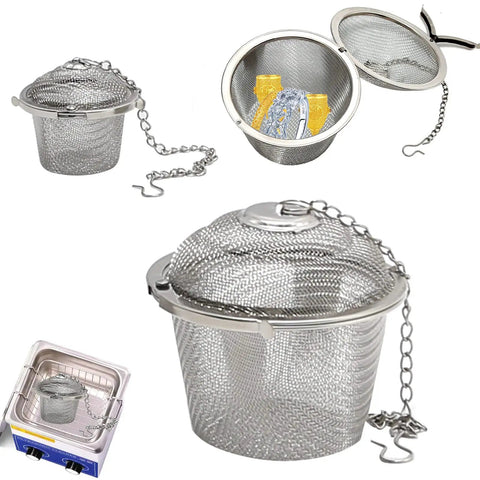 Heavy Duty 304 Stainless Steel Ultrasonic Cleaner Basket Set Slick Three Piece Jewelry And Small Parts Holder Kit with loops and mesh design.