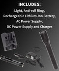 Xtreme Lumens Metal Dual Light LED Flashlight, rechargeable battery, power supply, charger set displayed.