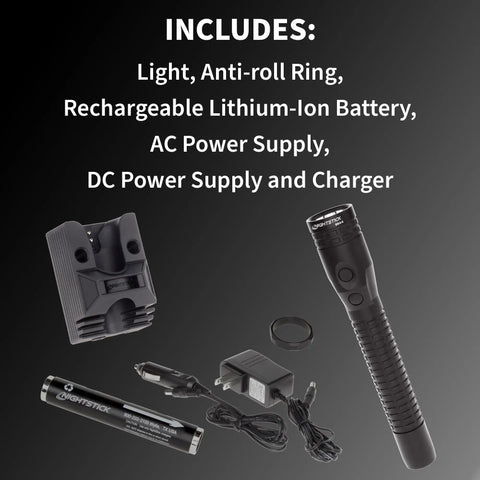 Xtreme Lumens Metal Dual Light LED Flashlight, rechargeable battery, power supply, charger set displayed.