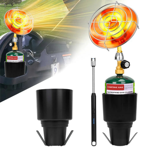 Portable Propane Golf Cart Heater for Outdoor Use in cup holder, includes propane tank and lighter, ideal for chilly mornings.