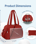 Maroon Lightweight Travel Duffel Bag For Women With Wet Pocket And Luggage Sleeve dimensions and features including trolley sleeve.