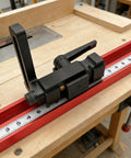 Aluminum Stop Block for Miter Track and 45 Type Positioner on woodworking table with measuring guide, pro grade tool
