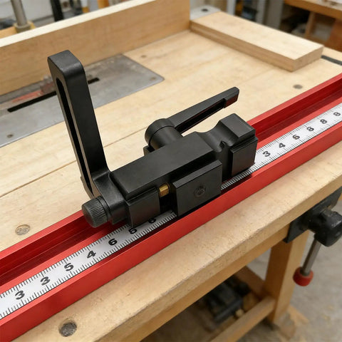 Aluminum Stop Block for Miter Track and 45 Type Positioner on woodworking table with measuring guide, pro grade tool