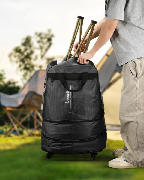 Front view of black LUGGEX travel duffel with spinner wheels; expandable, large-capacity luggage.