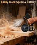 Electric Air Duster With 180000 RPM Brushless Motor in use on woodworking, display screen showing settings.