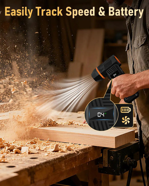 Electric Air Duster With 180000 RPM Brushless Motor in use on woodworking, display screen showing settings.
