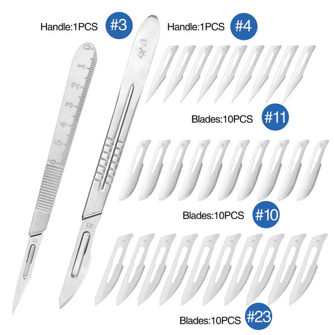 32 Piece Scalpel Blades Set With Two Handles Number 10 11 23 Sterile Lab Knives For Surgical Practice Arts And Crafts Carving And Science Projects Includes Dual Handle Kit, #3 and #4 handles with blades