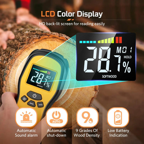 Pinless Wood Moisture Meter With LCD Display Digital Moisture Detector measuring moisture in a log with color display shown.
