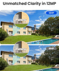 Hardcore 12MP Outdoor PoE Bullet Camera For Legit Home Security Featuring Ultra Sharp Full Color Night Vision Plus Integrated Light Bar shows side by side 12MP and 8MP clarity comparison.