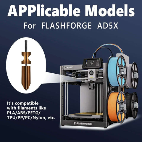 Flashforge AD5X 3D printer with All In One Adventurer 5X Nozzle Kit showing compatibility with various filament types.