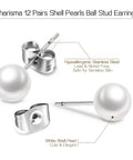 Hypoallergenic 8mm Imitation Pearl Stud Earrings Set for Women, 12 Pairs, Surgical Stainless Steel Back, Round Ball Pearls, Everyday Sparkle, Nickel Free, Comfortable All Day Wear; white shell pearl studs with steel backs