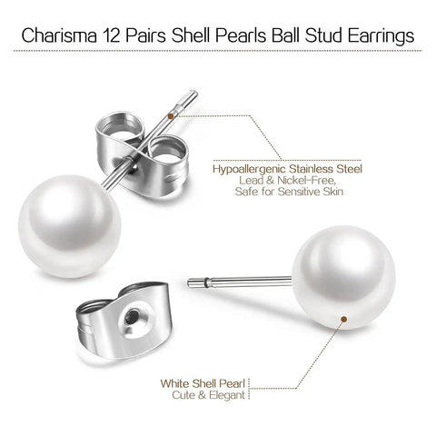 Hypoallergenic 8mm Imitation Pearl Stud Earrings Set for Women, 12 Pairs, Surgical Stainless Steel Back, Round Ball Pearls, Everyday Sparkle, Nickel Free, Comfortable All Day Wear; white shell pearl studs with steel backs