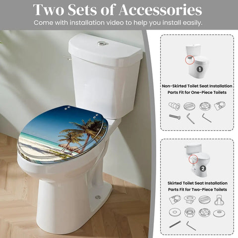 Round Resin Toilet Seat Decked Out In Tropical Beach Thatched Roof Art Soft Close Quick Release Hinges installation view