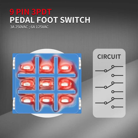 Close-up of 9-pin 3PDT pedal footswitch with diagram, part of 14 Piece 3PDT Guitar Effect Pedal Footswitch Kit With 9 Pin Latching Stomp.