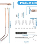 Gold Eyeglasses Repair Kit With Temple Arms Replacement Parts And Soft Nose Pads Plus Compact Screwdriver For Broken Frames components layout with sizes and materials displayed.