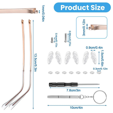 Gold Eyeglasses Repair Kit With Temple Arms Replacement Parts And Soft Nose Pads Plus Compact Screwdriver For Broken Frames components layout with sizes and materials displayed.