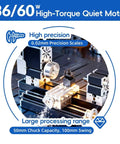 Zhrui All-Metal Mini Lathe 50mm Capacity, 20k RPM High Speed Precision Engine with high-torque quiet motor and precision scales.