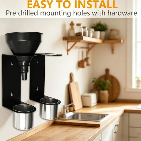 Kickass Wall Mounted Funnel Organizer Rack With Heavy Duty Iron Frame For Hella Tight Workshop Storage And Rust Resistant Industrial Shelf Brackets System mounted with black funnel and silver cups in a modern kitchen.
