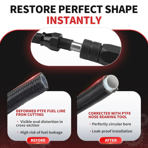 Dual Size PTFE Hose Tool For Reaming And Separating PTFE Ends Fuel Line Bore Corrector For 6AN And 8AN Lines demonstrating use