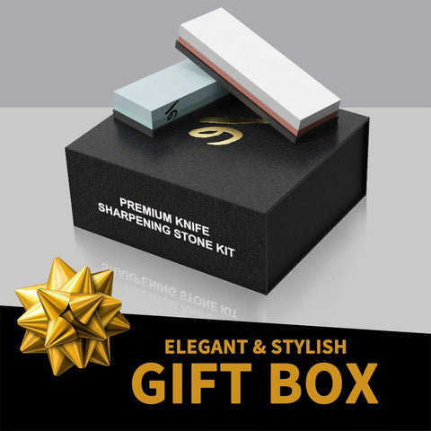 Pro Grade Knife Sharpening Stone Kit With Double Sided Whetstones 400 1000 And 3000 8000 on black gift box with bow