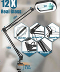 12X Rectangular Magnifier With Light And Stand features adjustable 16in swivel arm, real glass lens, and multiple positioning angles.