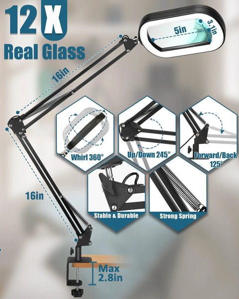 12X Rectangular Magnifier With Light And Stand features adjustable 16in swivel arm, real glass lens, and multiple positioning angles.