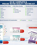 All In One Water Test Kit For Home Use With 20 Tests And 123 Strips, showing test strips, pipette, and instruction sheet.