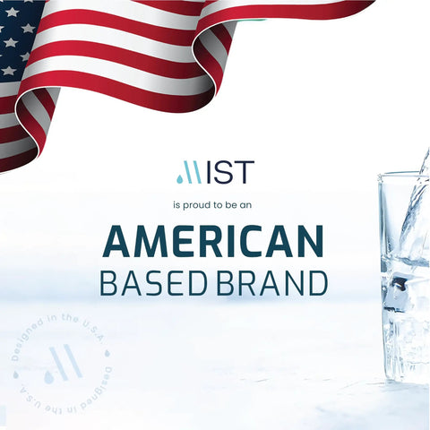 High Output Shower Filter Head For Hard Water Removes Chlorine And Heavy Metals For Spa Level Water Softer Skin Stronger Hair And Healthier Nails For Every Shower with American flag and glass of water design.
