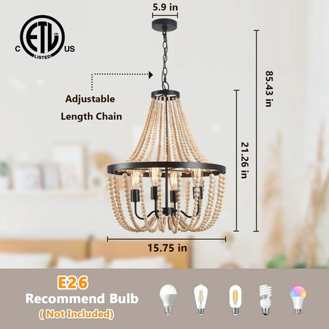 Fab Boho Wooden Bead Chandelier With Large Two Layer Maple Beads 4 Light Farmhouse Pendant Light For Dining Room Kitchen