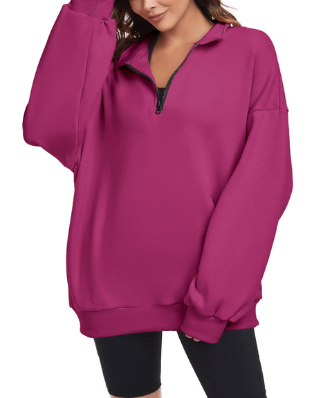 Woman in a Super Cozy Rose Red Oversized Sweatshirt For Women Half Zip Pullover Top Casual Long Sleeve Fleece Sweatshirt Soft Cotton Polyester Blend