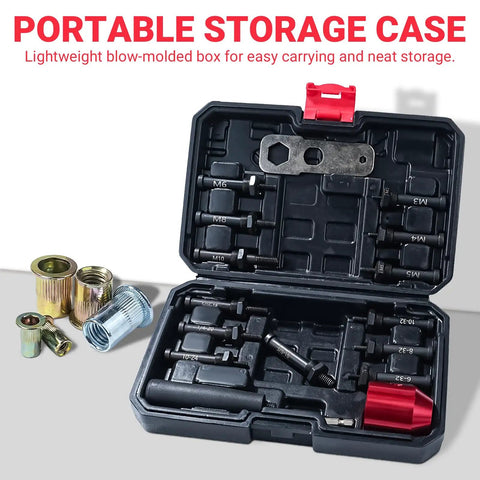 Rivet Nut Drill Adapter Kit With 13 Mandrels And 290 Rivet Nuts storage case open with mandrels and rivet nuts visible