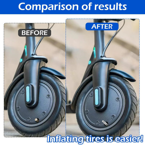 Valve stem extension kit installed on scooter front wheel; stainless steel and ABS, silver and black