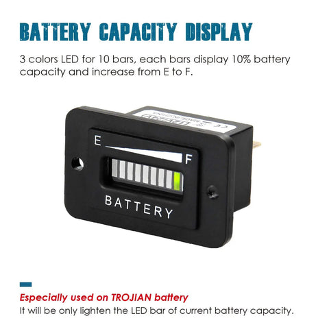 Cool 36V Battery Meter Gauge Compatible With Trojan Batteries Easy Install Digital Voltage Monitor For Golf Carts And Industrial Equipment Compact Battery capacity display with LED bars showing charge level.