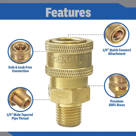Brass Quarter Inch Quick Connect Male NPT Pressure Washer Couplers Set Of 2 4200 PSI Heavy Duty High Performance Fittings, features view.