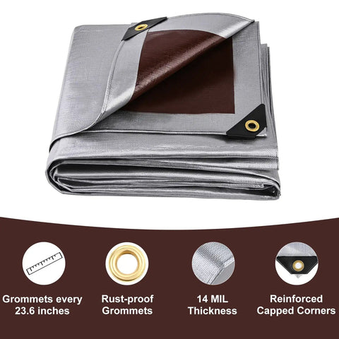 Heavy Duty Waterproof Tarp 10x20 Ft 14 Mil Extra Thick Cover With Grommets And Reinforced Edges, UV Resistant, folded view