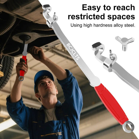 Mechanic using Extra Long Wrench Extension Bar for Maximum Leverage 16 Inch Universal Torque Adaptor Wrench Extension under car
