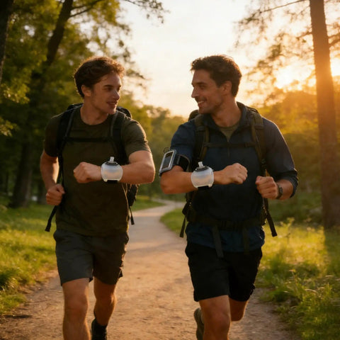 Two runners wearing Hands Free Wrist Water Bottle for Running and Cycling With Secure Strap jogging in a park at sunset