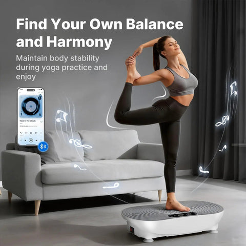 Woman using Vibration Plate Exercise Machine with LED touchscreen, Bluetooth, and pull cord in living room for home gym use.