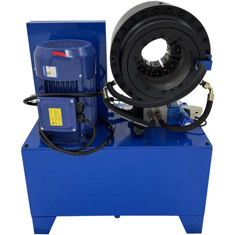 Techtongda Electric Hydraulic Hose Crimping Machine For 0.2 To 4 Inch Tubing With 14 Dies showing motor and crimping head detail.