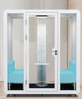 Solid Portable Office Sound Booth With True Audio Privacy And Quiet Acoustic Build featuring blue seats and glass door for remote work.