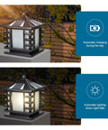Dope Solar Column Lights IP65 Waterproof Outdoor Post Lamp With Remote Control, shown on a fence post charging by day, lighting by night.