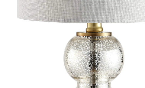 Mercury Glass And Brass Table Lamp With White Linen Shade For Bedroom And Living Room, Modern Stacked Sphere Bedside Lamp, close-up