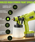 Cordless HVLP Paint Sprayer With 200W Brushless Motor And Roomy Cup on wooden surface, featuring large cup and adjustable trigger.