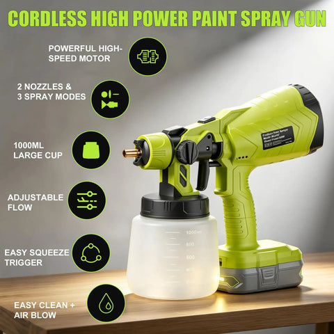 Cordless HVLP Paint Sprayer With 200W Brushless Motor And Roomy Cup on wooden surface, featuring large cup and adjustable trigger.