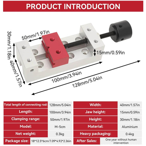 Image of Compact Mini Drill Press Bench Vise Clamp 2 Inch Opening with dimensions and specifications for woodworking and DIY projects.