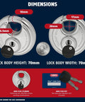 Dimensions of ABUS Diskus 70mm padlock with two unique keys, showing lock body height and width, 20 to 70mm padlock with key.