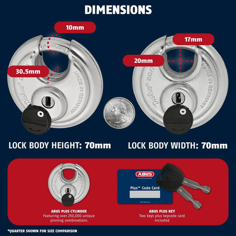 Dimensions of ABUS Diskus 70mm padlock with two unique keys, showing lock body height and width, 20 to 70mm padlock with key.