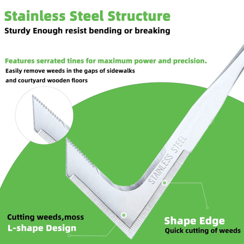 Crevice Weeding Tool With Serrated Tines, Stainless Steel Crack Weeder For Driveways, Sidewalks And Patio Cracks That Effortlessly Removes Weeds And Moss With An L Shaped Blade. Stainless steel L-shaped blade with serrated tines for weed removal