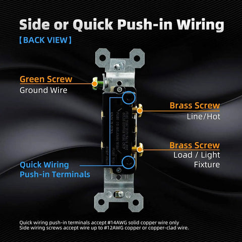 Single Pole Toggle Light Switch 15 Amp 120 Volt Quiet Framed In Wall On Off Replacement Self Grounding UL Listed Glossy White 5 Pack For Residential And Commercial Use Durable Thermoplastic Frame For Easy Install And Long Lasting Performance, back view wiring